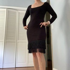 Vintage Long Sleeve Black Fringe Dress XS EUC